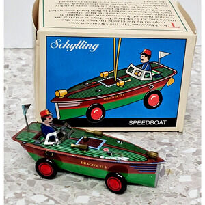 Vintage 1997 Schylling Tin Toy Speedboat Xmas Ornament w/Box Dragon Fly